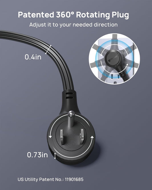 TROND 360° Rotating Flat Plug Extension Cord 3ft, Low Profile Small Power Strip, Three Side Grounded Outlet, 13A, Short SPT 16/3 Gauge Cable for Indoor Home Office Cruise Travel Essentials, Black