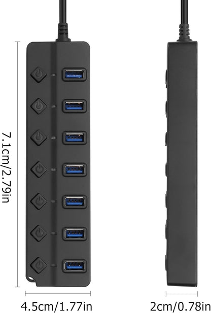 90 Degree USB Hub Splitter YACSEJAO USB 2.0 Data Hub with Individual LED Button On/Off Switch DC5.5 * 2.1 Power Port for Laptop,PC Computer (7 Ports, 0.3M)