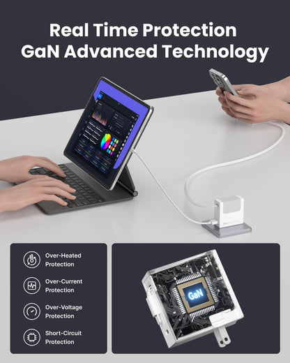 Portable USB Phone Charger Block, Retractable Wall Charger with 31.5in Retractable Lightning Cable, 40W Fast Charging Block with USB C Port, Power Adapter with Foldable Plug for iPhone14/13/12