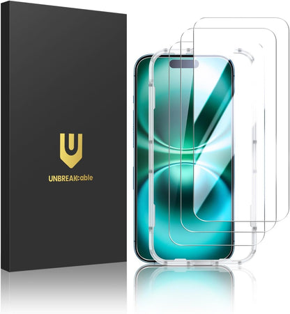 UNBREAKcable 3-Pack Screen Protector for iPhone 16 Plus, Double Shatterproof Tempered Glass [Easy Installation Frame] [9H Hardness] [99.99% HD Clear] [Case Friendly] for iPhone 6.7 inch