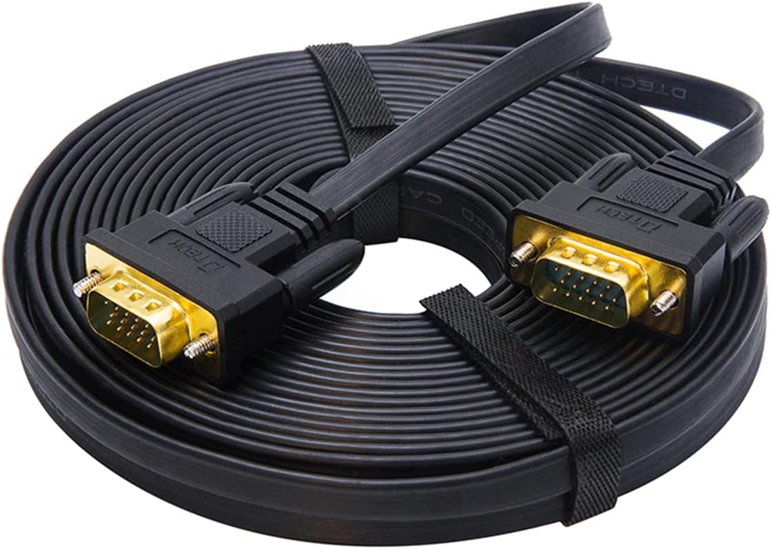DTech 25ft Ultra Thin Flat Type Computer Monitor VGA Cable Standard 15 Pin Male to Male Connector SVGA Wire 25 Feet - Black