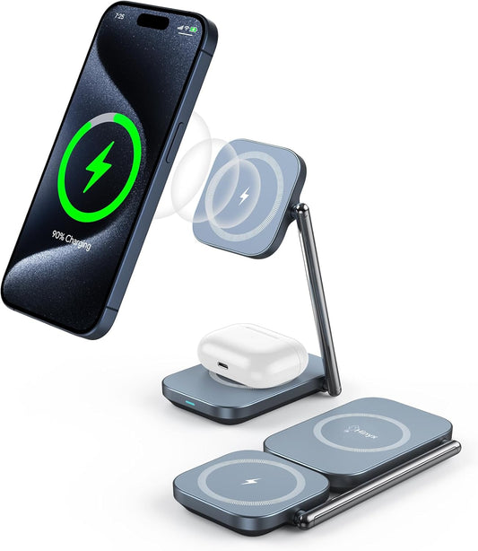 2-in-1 MagSafe Charger Stand, 20W Foldable Travel Fast Magnetic Wireless Charger, Zinc Alloy Wireless Charging Station for iPhone 15/14/13/12 Series, AirPods Pro/3/2