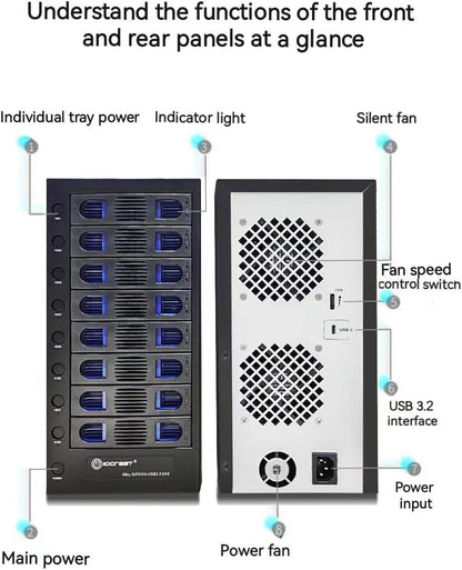 8 Bay Tool Less Tray Hot Swapable 2.5" and 3.5" SATA Hard Drive External USB-C 3.2 (10Gbps) Hard Drive Enclosure. Support up to 8X 22TB Capacity.