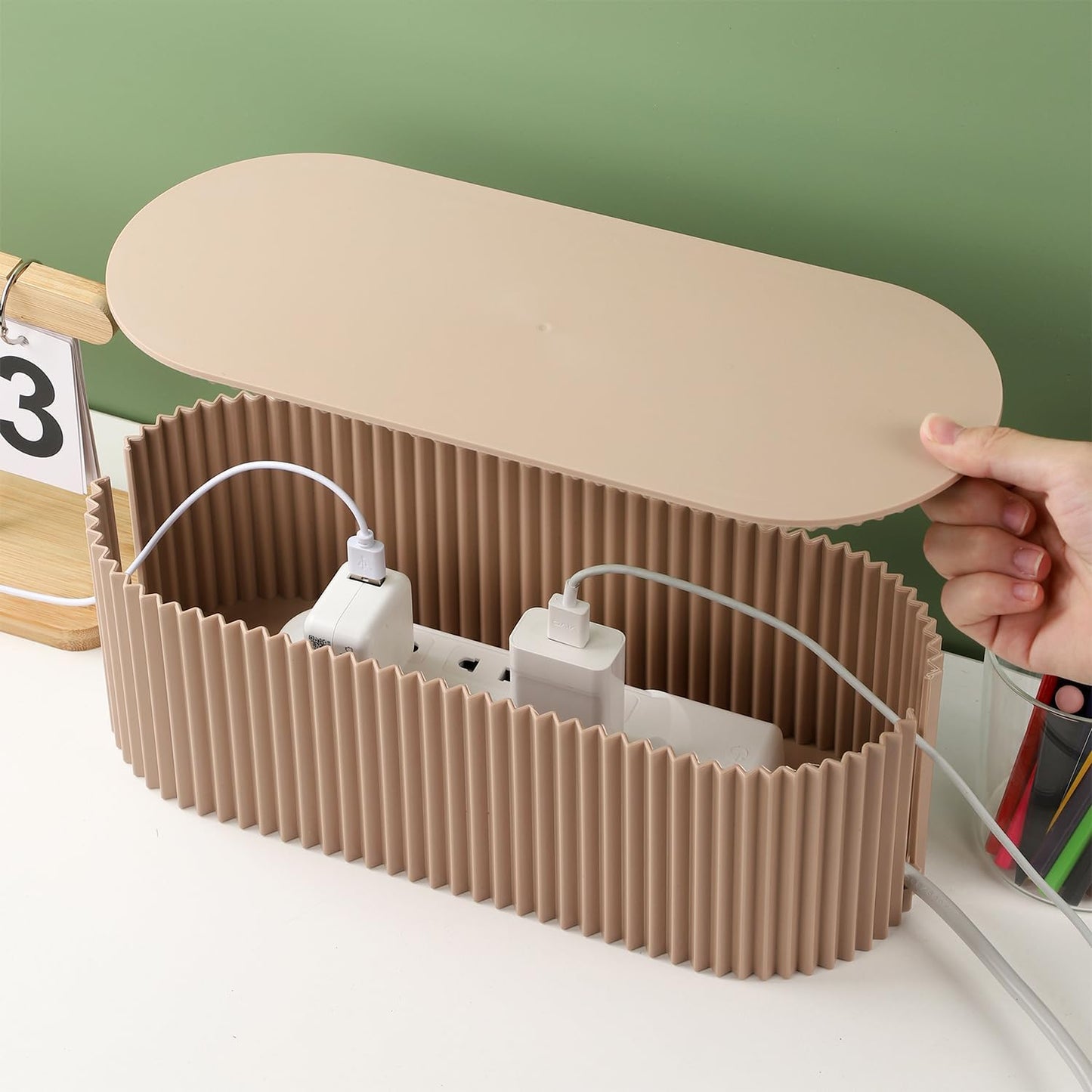 Cable Management Box Large Cable Organizer Box for Power Strips, Surge Protectors, Chargers, Adapters, TV Computer Wires Cable Hider Organizer Box with Cable Ties，Clip Holders - Khaki