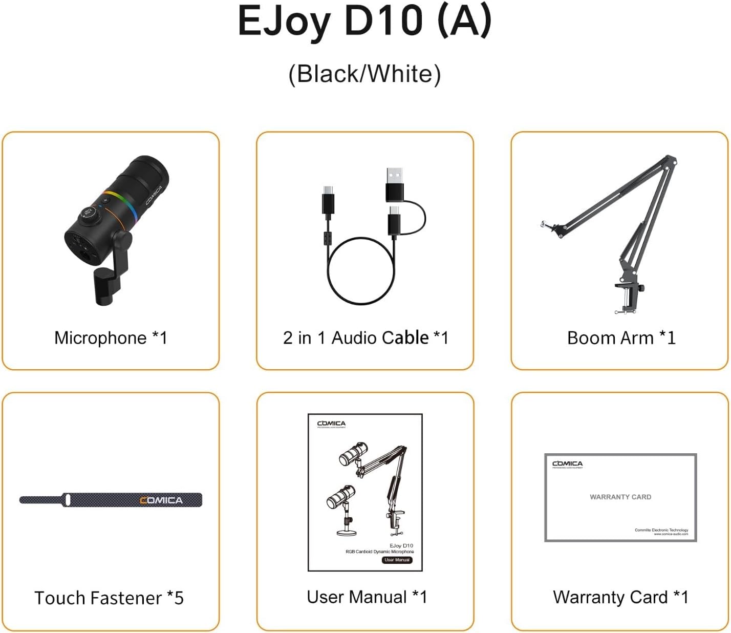 COMICA EJoy D10 A USB/XLR Dynamic Microphone with RGB Light &CalMix Denoise &Mute Button- Studio-Quality Cardioid Mic with Boom Arm Stand for Gaming, Streaming, Podcast,YouTube(PC/PS5/Xbox/Mac-Black
