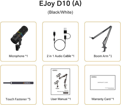 COMICA EJoy D10 A USB/XLR Dynamic Microphone with RGB Light &CalMix Denoise &Mute Button- Studio-Quality Cardioid Mic with Boom Arm Stand for Gaming, Streaming, Podcast,YouTube(PC/PS5/Xbox/Mac-Black
