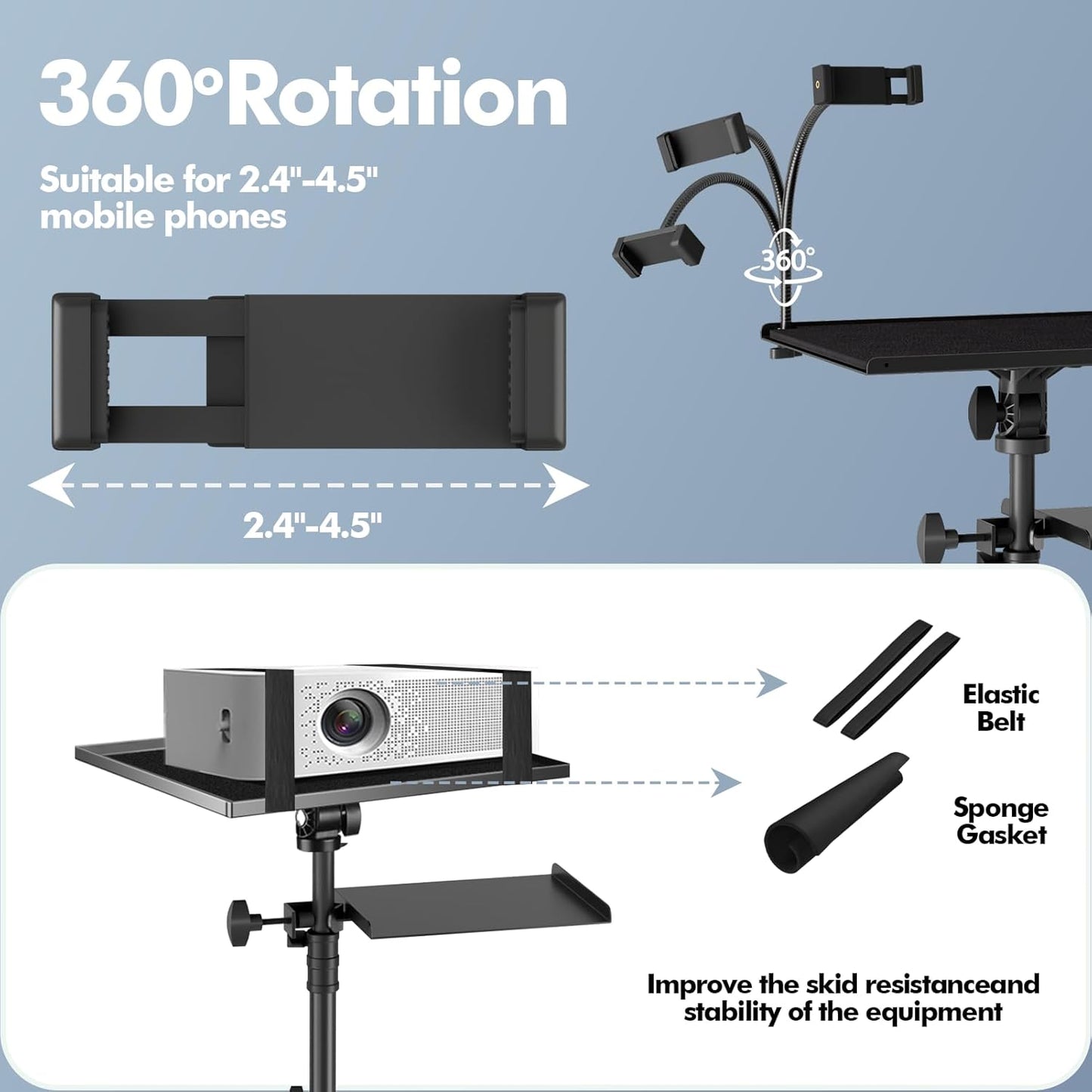 Projector Tripod Stand with Wheels, Portable Laptop Floor Support with Mouse Tray & Bag, Height Adjustable 26 to 49 Inch with Gooseneck Phone Holder for Office, Home, DJ Racks