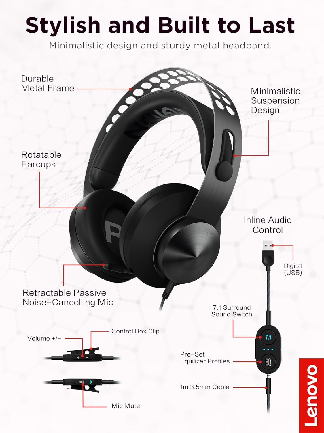 Lenovo Legion H500 PRO 7.1 Surround Sound Gaming Headset, Noise-Cancelling Mic, Memory Foam & PU Leather Earcups, Stainless Steel Headband, PC, PS4, Xbox One, Nintendo Switch, GXD0T69864, Black