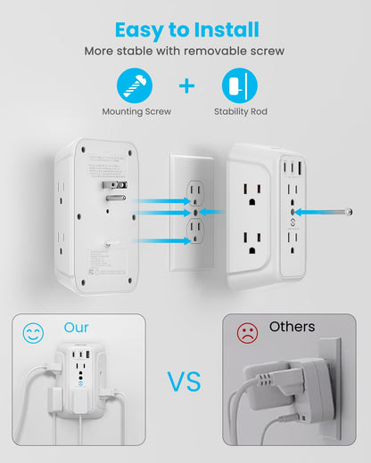 [2-Pack] Surge Protector Outlet Extender, VINTAR 6 Outlet Splitter with 3 USB Charging Ports (2 USB C),900J Multi Plug Outlet Power Strip, 3-Sided Usb Wall Charger for Home Office Dorm Room Essentials