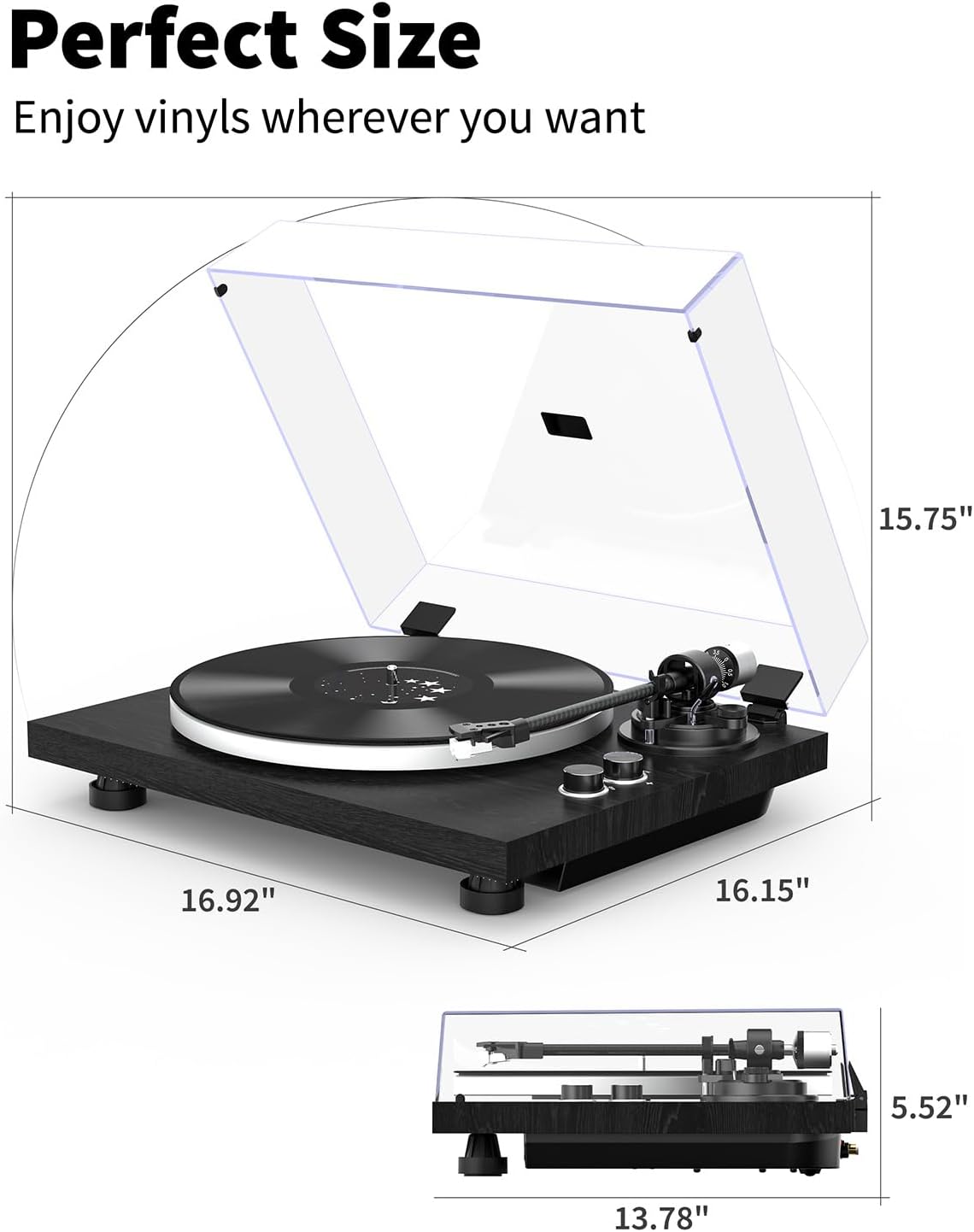 Turntable Vinyl Record Player Support Bluetooth Output Phono/Line Switch Pitch Control with Pre-Installed Counterweight & Magnetic Cartridge, Belt Drive 2 Speed
