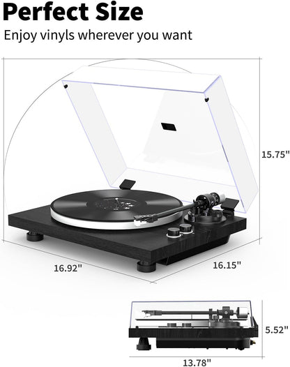 Turntable Vinyl Record Player Support Bluetooth Output Phono/Line Switch Pitch Control with Pre-Installed Counterweight & Magnetic Cartridge, Belt Drive 2 Speed