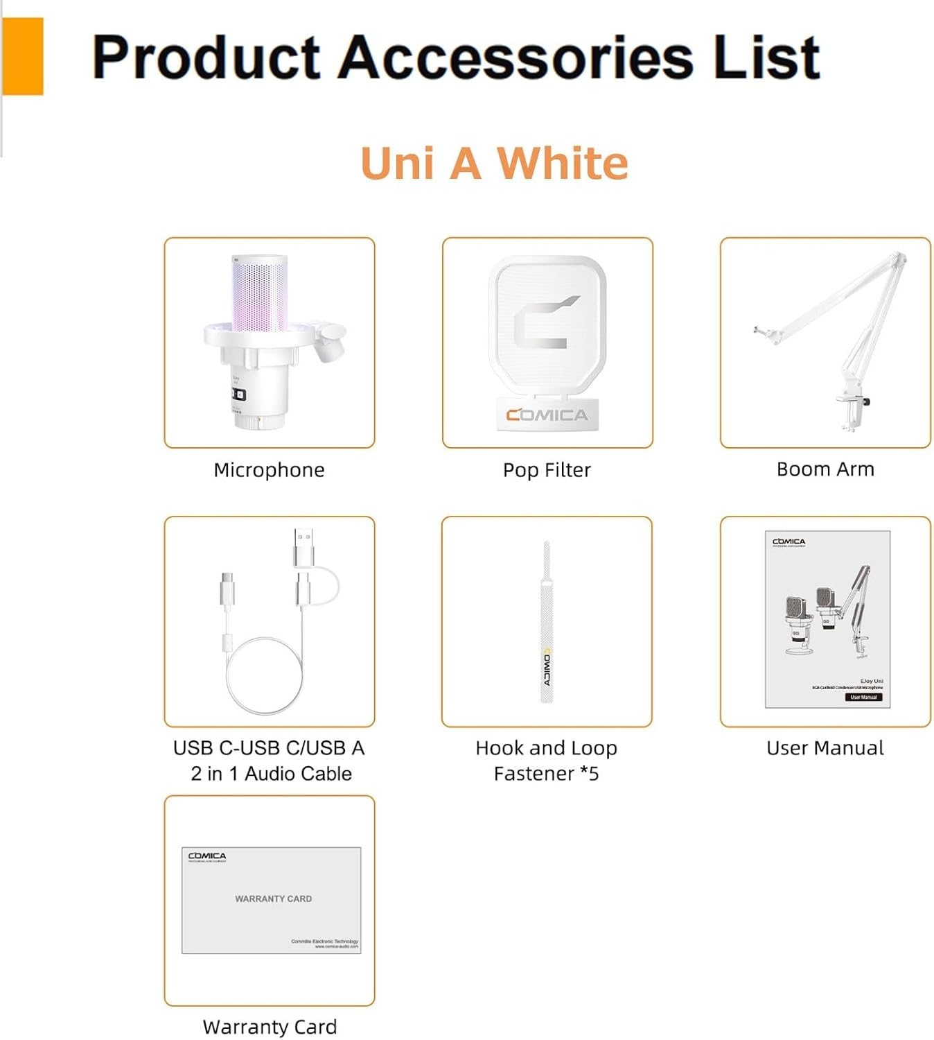 COMICA EJoy Uni A USB Microphone for Computer and Smartphone,RGB Cardioid Condenser Gaming Mic for Podcasting,Streaming,Recording,Music Creation,with Boom Arm Stand-White