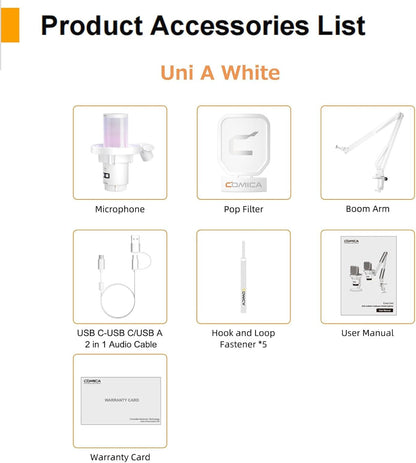 COMICA EJoy Uni A USB Microphone for Computer and Smartphone,RGB Cardioid Condenser Gaming Mic for Podcasting,Streaming,Recording,Music Creation,with Boom Arm Stand-White