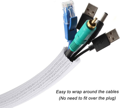 CrocSee 25ft - 3/8 inch Braided Cable Management Sleeve Cord Protector - Self-Wrapping Split Wire Loom for TV/Computer/Home Theater/Engine Bay - White