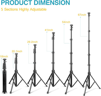 Aureday 67" Phone Tripod, Extendable Cell Phone and Camera Tripod Stand with Wireless Remote & Phone Holder, Aluminum Selfie Stick Tripod