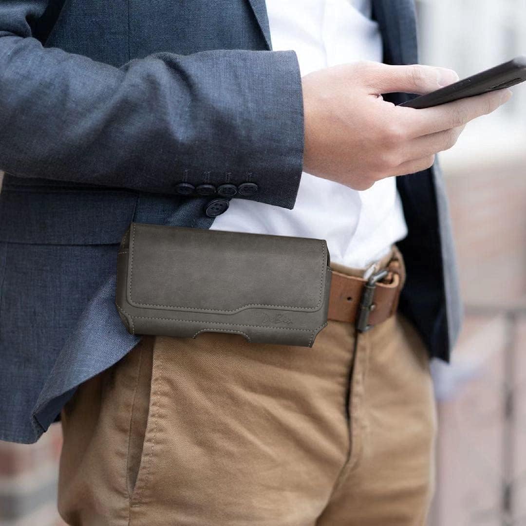 DeBin Holster for Large iPhone Plus, Pro Max Models 16 15 14 13 12 11 Xs Max – Leather Cell Phone Belt Holder Case with Clip, Carrying Pouch Cover Fits Phone with Case on, Pewter