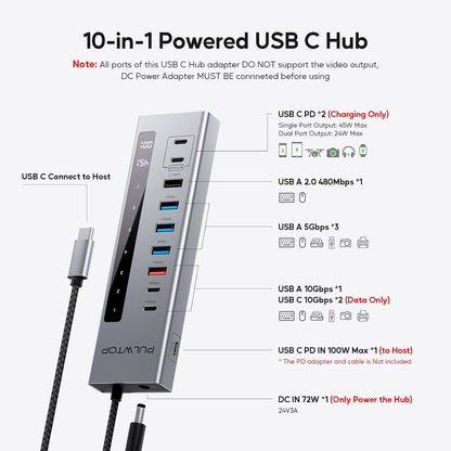 Powered USB C Hub, 10-in-1 USB 3.2 Data Hub with 3 x USB A/C 10Gbps, 3 x USBA 5Gbps, USB A 2.0, 100W PD-in, 2 x 24/45W Type-C Charging Ports (72W Adapter Included)