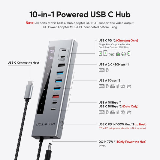 Powered USB C Hub, 10-in-1 USB 3.2 Data Hub with 3 x USB A/C 10Gbps, 3 x USBA 5Gbps, USB A 2.0, 100W PD-in, 2 x 24/45W Type-C Charging Ports (72W Adapter Included)