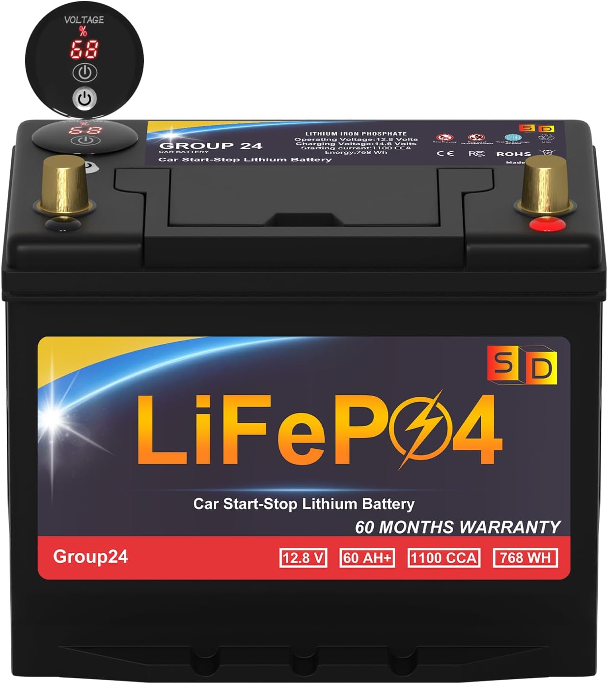 GROUP 24 Lithium-ion Car Battery, 12.8V 60Ah 1100CCA LiFePO4 Automotive Battery For Car, With LED Display and Emergency Start Button 60 Months Warranty