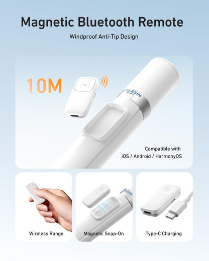 TELESIN 70" Phone Tripod Stand, Gravity-Activated Auto-Open Selfie Stick, Extendable Cell Phone Stand with Magnetic Bluetooth Remote, 360° Adjustable Travel Phone Tripod for iPhone/Android