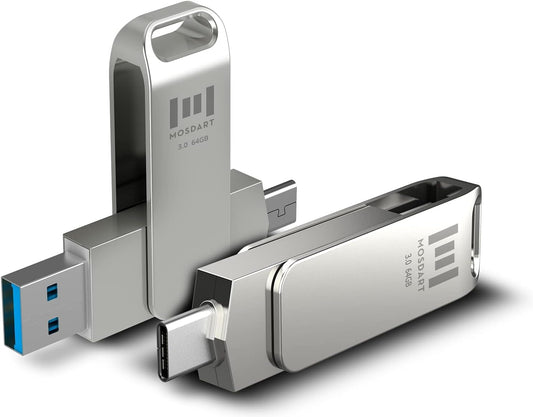 MOSDART 64GB USB3.1 Fast Speed C and A Dual Flash Drive, exFAT Memory Stick with Keychain Loop, for iPhone 15 and 16, Android Phone, iPad, MacBook, Silver(Pack of 2)