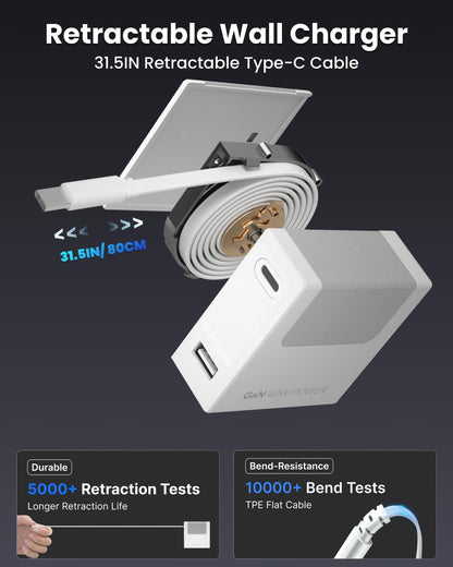 Gitryin 1 Type-C Retractable Wall Charger with USB A Port and 11-in-1 Desktop Charging Station with 3 Type-C Retractable Wall Chargers