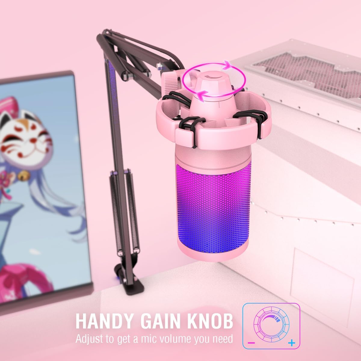 FIFINE Gaming USB Microphone Kit, PC Streaming Recording Computer RGB Microphone Set for Podcasting, Singing, YouTube, Condenser Cardioid Mic with Quick Mute, Gain Knob-A6T Pink