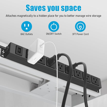 HHSOET Magnetic Mount Power Strip, 8 Outlet Mountable Socket, Metal Heavy Duty Surge Protector, Gaming Table Outlet, Easy to Fix Without Drilling or Taping, 3FT Extension Cord.(Black)