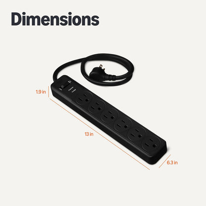 Amazon Basics Rectangle 6-Outlet, 600 Joule Surge Protector Power Strip, 2ft, Black, Small, 2-Pack