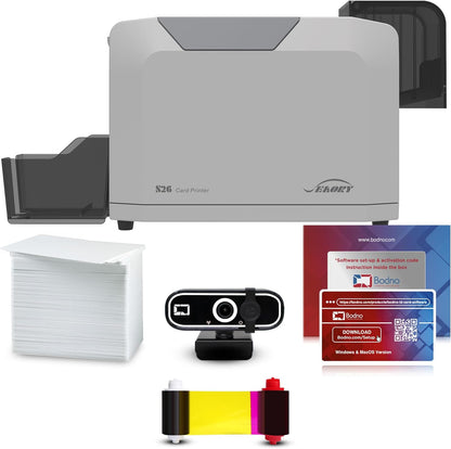 Bodno Seaory S26 Single Sided ID Card Printer & Complete Supplies Package ID Software and Camera - Silver Edition