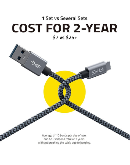 FHG 6FT 3.3FT USB 3.0 to USB C Cable 2Pack, High-Speed Transfer of 1GB in 2sec, 3A Fast Charging from 20% to 80% in 35mins, Sturdy Nylon Braided USB Data Cable, Compatible for iPhone 15/Galaxy/Win