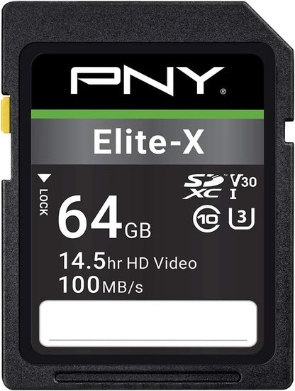 PNY 64GB Elite-X Class 10 U3 V30 SDXC Flash Memory Card - 100MB/s, Class 10, U3, V30, 4K UHD, Full HD, UHS-I, Full Size SD (Pack of 1)