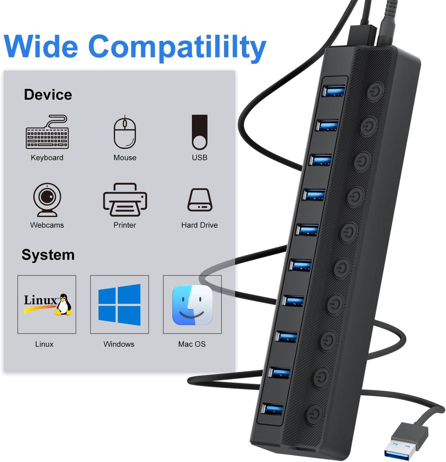 Powered USB Hub 3.0, 10-Port USB Splitter Hub with Individual On/Off Switches and 12V/2A Power Adapter USB Extension