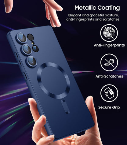 Magnetic for Samsung Galaxy S25 Ultra Case [Compatible with MagSafe][Built-in Camera Lens Protector] Slim Soft Silicone Bumper Shockproof Metallic Luster Phone Shell (Blue)