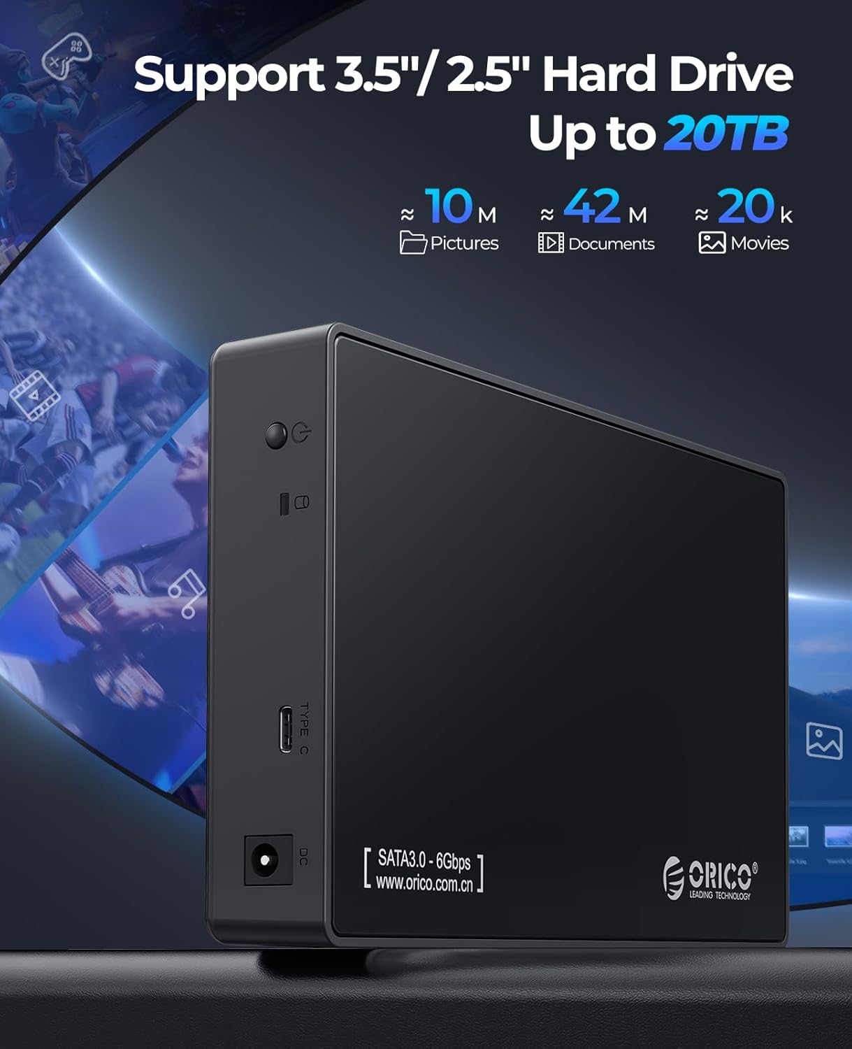 ORICO 3.5" External Hard Drive Enclosure SATA III to USB3.1 Type C for HDD Tool-Free Installation Supports UASP and 20TB Drives - Black