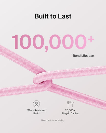 Belkin USB C to USB C Cable 2-Pack, 6.6ft, 60W - Type C Charger, iPhone Charger Cord, Soft, Braided, Flexible for iPhone 16, Galaxy S25, Pixel 9, Airpods, iPad Pro & More, Travel Essentials - Pink