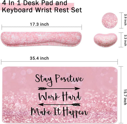 Keyboard Mouse Pad Set, Extended Mouse Pad+Keyboard Wrist Rest Support, Memory Foam Ergonomic Easy Typing, 3Pcs (35.4×15.7 in) Desk Pad Set for Home Office Study Game - Pink Stay Positive