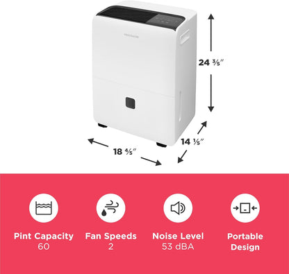 Frigidaire 60-Pint Portable Dehumidifier with Built-In Pump for Large Rooms & Basements, Custom Humidity Control, Auto Shut Off, White