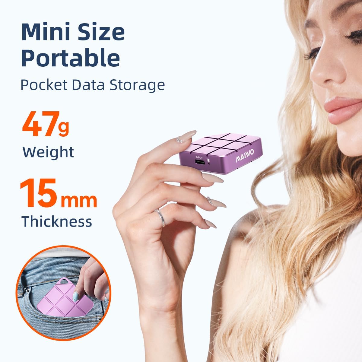 MAIWO 512GB Portable SSD External Solid State Drive, USB 3.2 GEN 2 Type-C Up to 1050MB/s, Mini PSSD for iPhone 15 Pro Max MacBook Pro PS5, Aluminum (Pinkish Purple)