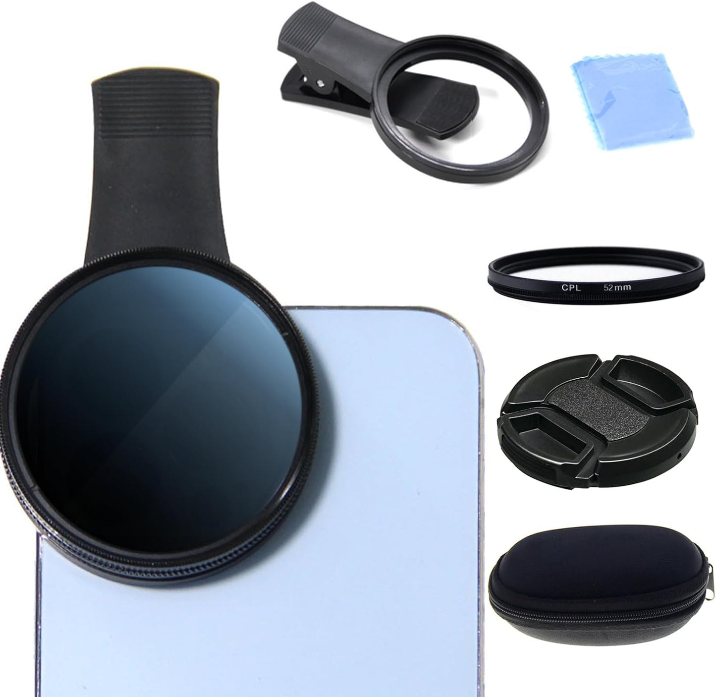 52MM Circular Polarizer Filter for Phone, Clip-on CPL Phone Camera Lens Filter Compatible with iPhone 16 15 14 13 and Other Smart Phones, Ultra Slim Multi-Coated CPL Lens Filter with Case