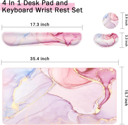 Large Mouse Pad and Keyboard Wrist Rest, Desk Pad for Keyboard and Mouse, 4-in-1 Large Gaming Mouse Pad with Wrist Support, Non-Slip Desk Mat for Home Office Study Game-Pink Marble