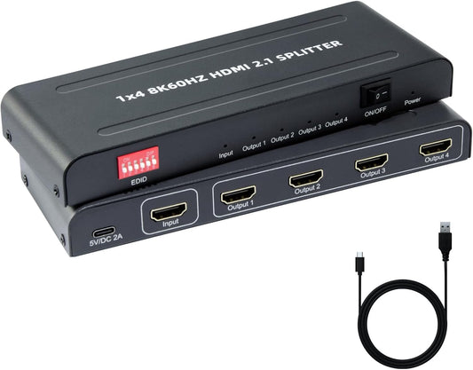 8K HDMI Splitter 1 in 4 Out,with EDID, 3D Stereo, 12-bit Deep Color, 48Gbps, Plug & Play, HDMI Splitter for Windows, Mac, Linux, Projectors, Laptops, Desktops (SP104SKE)