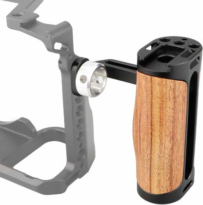 Locating Side Handle for ARRI Mount, Left/Right Mini Wooden Handgrip for DSLR Camera Cage, with Cold Shoe 1/4"-20 and 3/8"-16 ARRI Locating Threads, Up and Down Adjustable