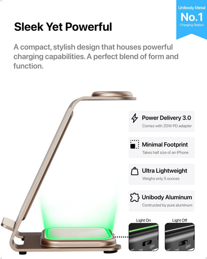 Intoval 3 in 1 Wireless Charging Station for iPhone 16 15 14 13 12 11 X Pro Max, Wireless Charger for Apple Watch 10 Ultra 3 SE 9 8 7 6 5 4 3 2, for AirPods 4 Pro Pro 2 3 (Y93, Desert)