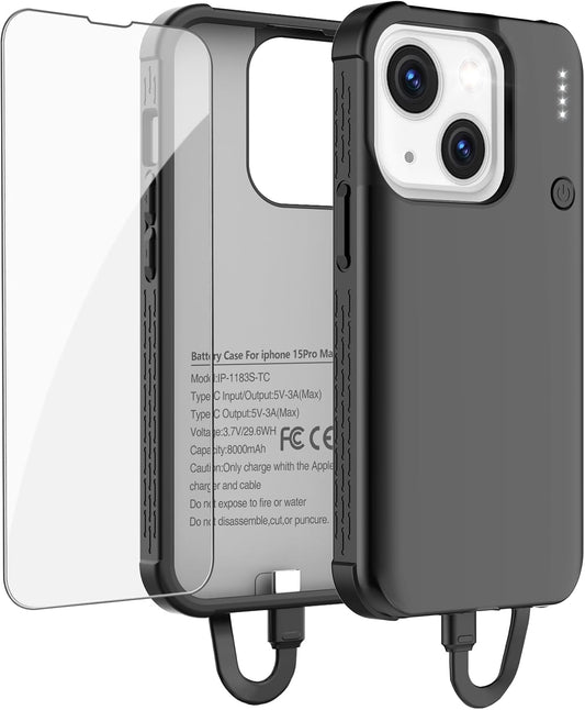 GIN FOXI Battery Case for iPhone 15/15 Pro, Built-in Cable 7000mAh Fast Charing Cases 15W Rechargeable Portable Extended Charger Case Cover for iPhone 15/15 Pro Charging Case, Black