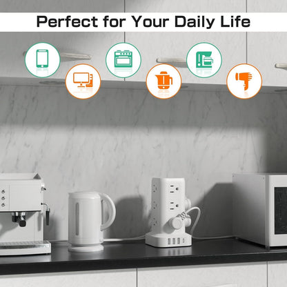 Tower Surge Protector Power Strip with USB 12 Outlets with 4 USB Ports (1 USB C), 10FT Extension Cord Multi Plug Outlet Extender Overload Protection for Home Office