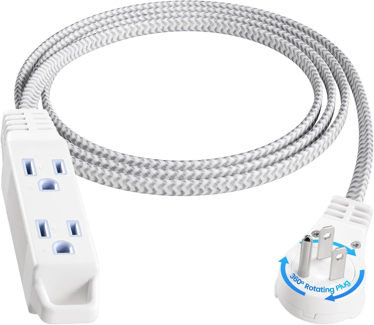 SURAIELEC 6FT Flat Extension Cord with 360° Rotating Plug, Braided Flat Plug with 3 Outlets, 16 AWG Thin White Extension Cord for Indoor Use, Home, Office, Compact Spaces, ETL Listed