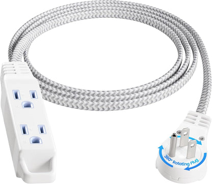 SURAIELEC 6FT Flat Extension Cord with 360° Rotating Plug, Braided Flat Plug with 3 Outlets, 16 AWG Thin White Extension Cord for Indoor Use, Home, Office, Compact Spaces, ETL Listed