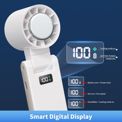OTPEIR Portable Handheld Turbo Fan with Cooling Tech, Digital Display, 100-Speed Control, Rechargeable 4-in-1 Personal Fan for Travel, Outdoor, Office (White)