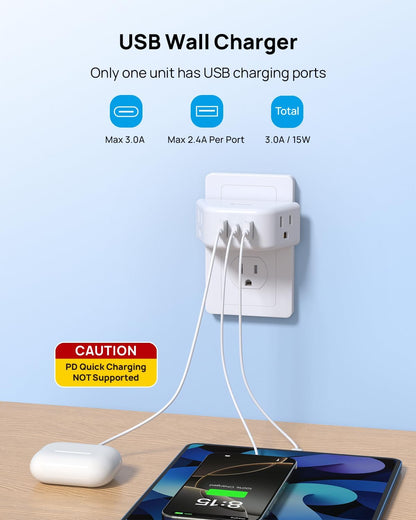 TROND Multi Plug Outlet Extender with USB - 2 Pack Wall Splitter, 3 Way Angled Outlet Adapter, Cruise Essentials, Small Multiple Expander for Cruise Ship Travel Home Office Dorm Room